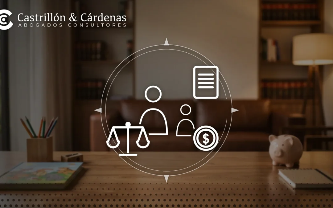 Cuota alimentaria en Colombia: iconos de familia, balanza, moneda y documento en un despacho de abogados de Medellín