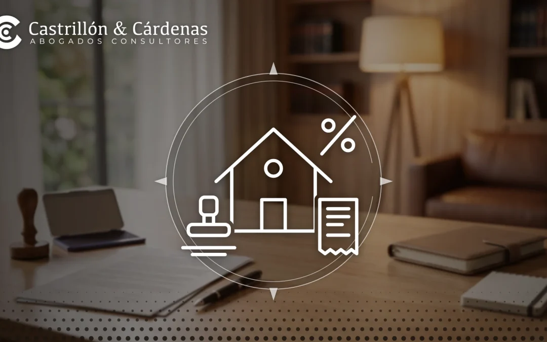 Gastos notariales al comprar vivienda en Colombia: iconos de casa, sello notarial, recibo y porcentaje en un despacho de abogados de Medellín