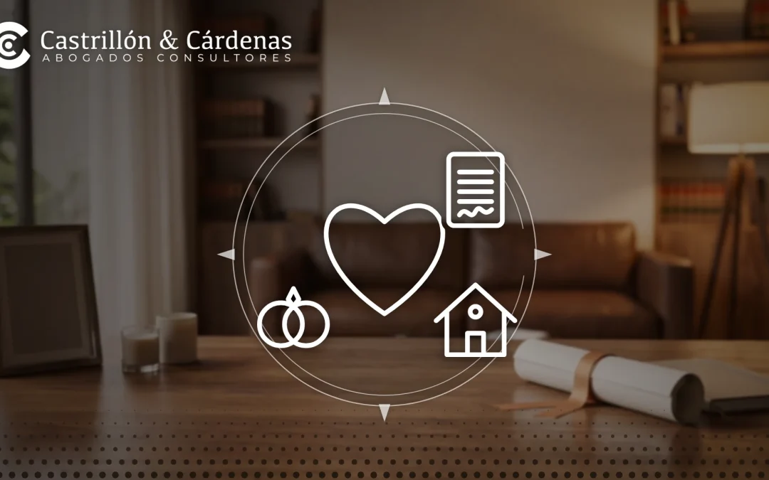 Unión marital de hecho en Colombia: iconos de corazón, anillos, casa y documento en un despacho de abogados de Medellín
